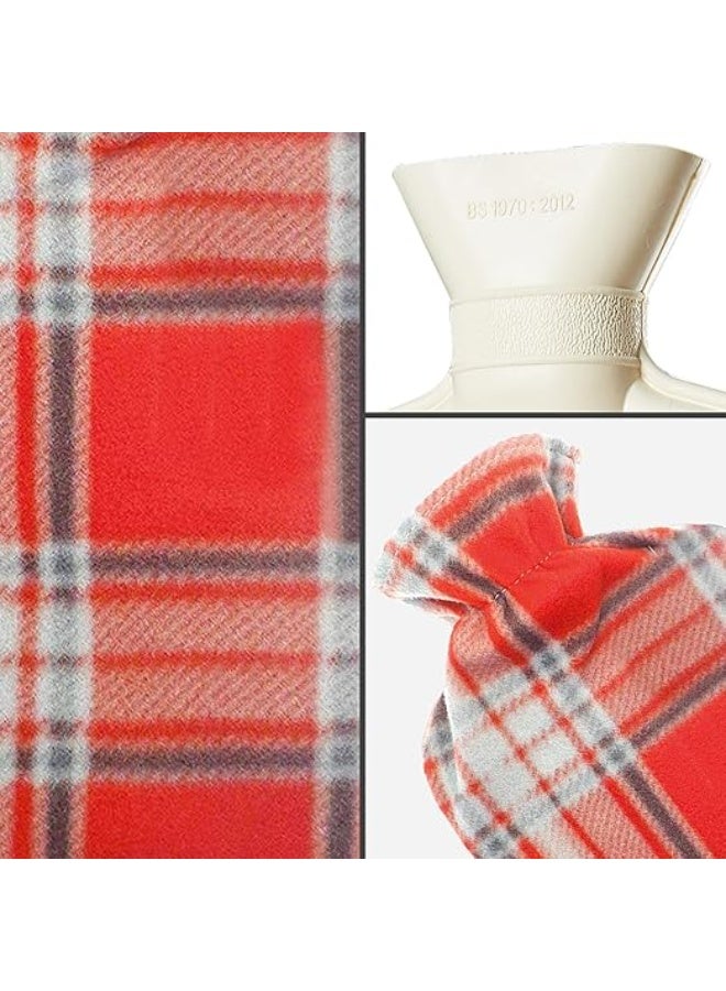 قربة ماء ساخن سعة 2 لتر مع غطاء صوف ناعم بنقشة كاروهات - مطاط طبيعي ممتاز لتوفير الدفء والراحة - لون أحمر ورمادي - Image 2